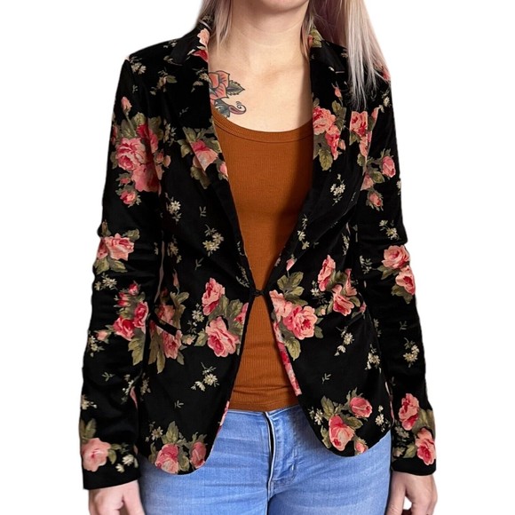 Lulu's Ark & Co Rhapsody in Bloom Floral Black Velvet Blazer Fitted Jacket Small - Picture 15 of 17